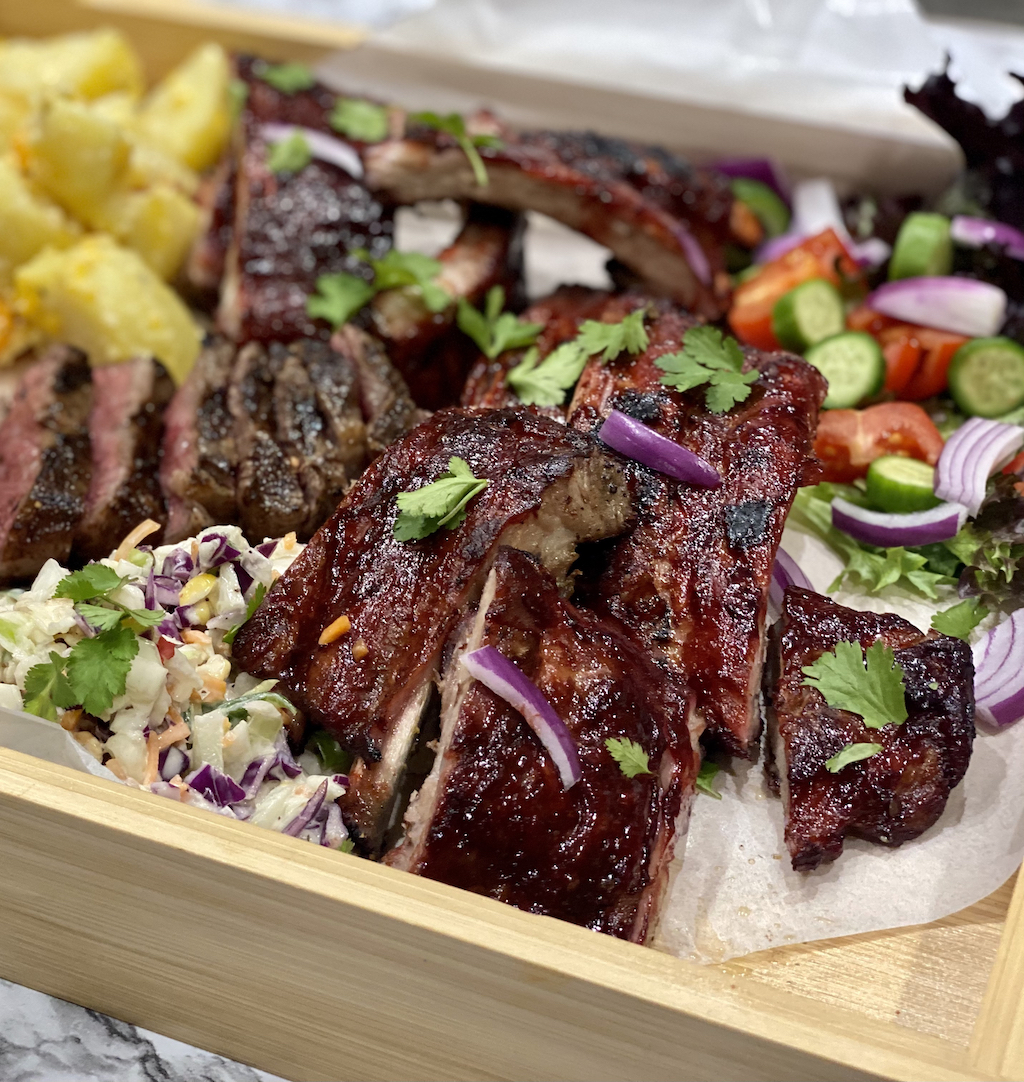 A tray of barbecued pork ribs