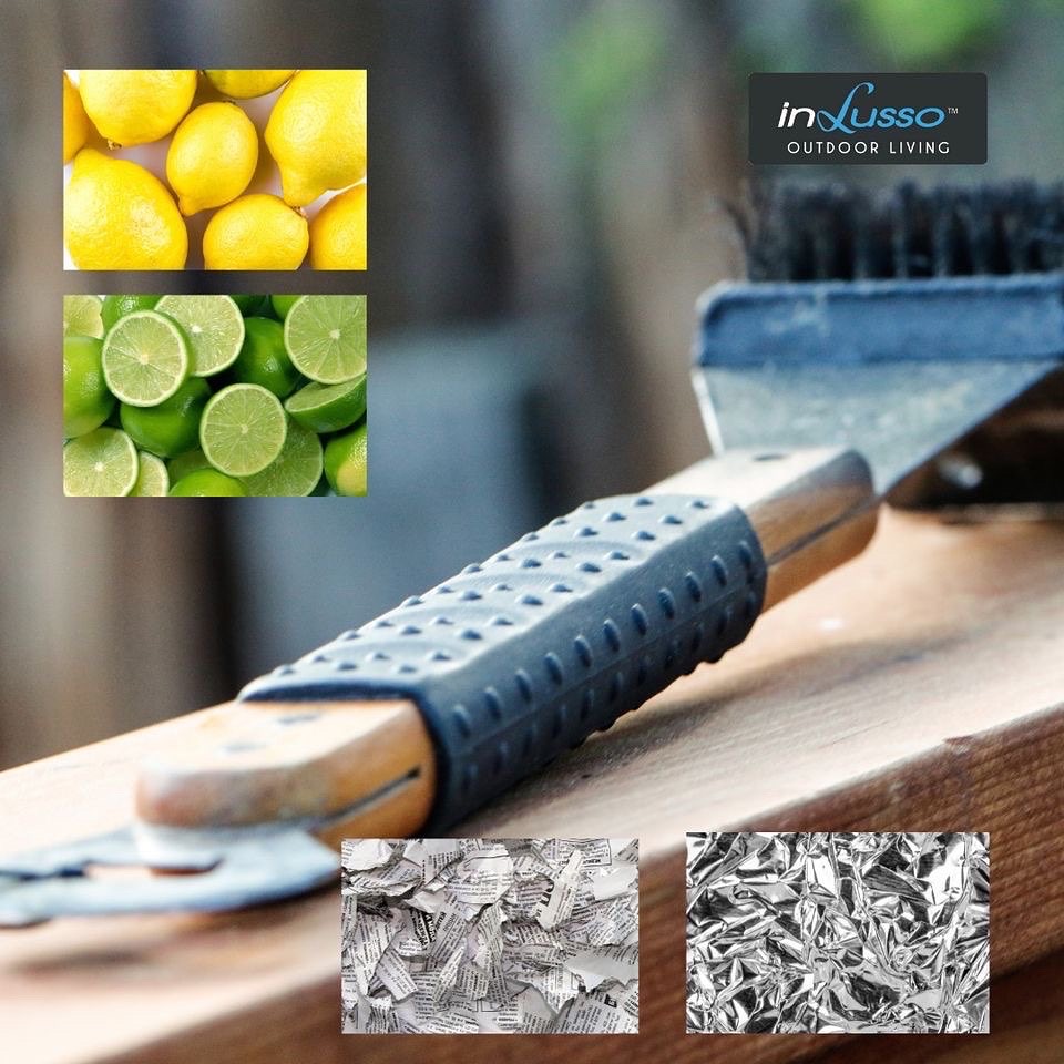 A bbq cleaning brush with lemons, limes, paper and foil