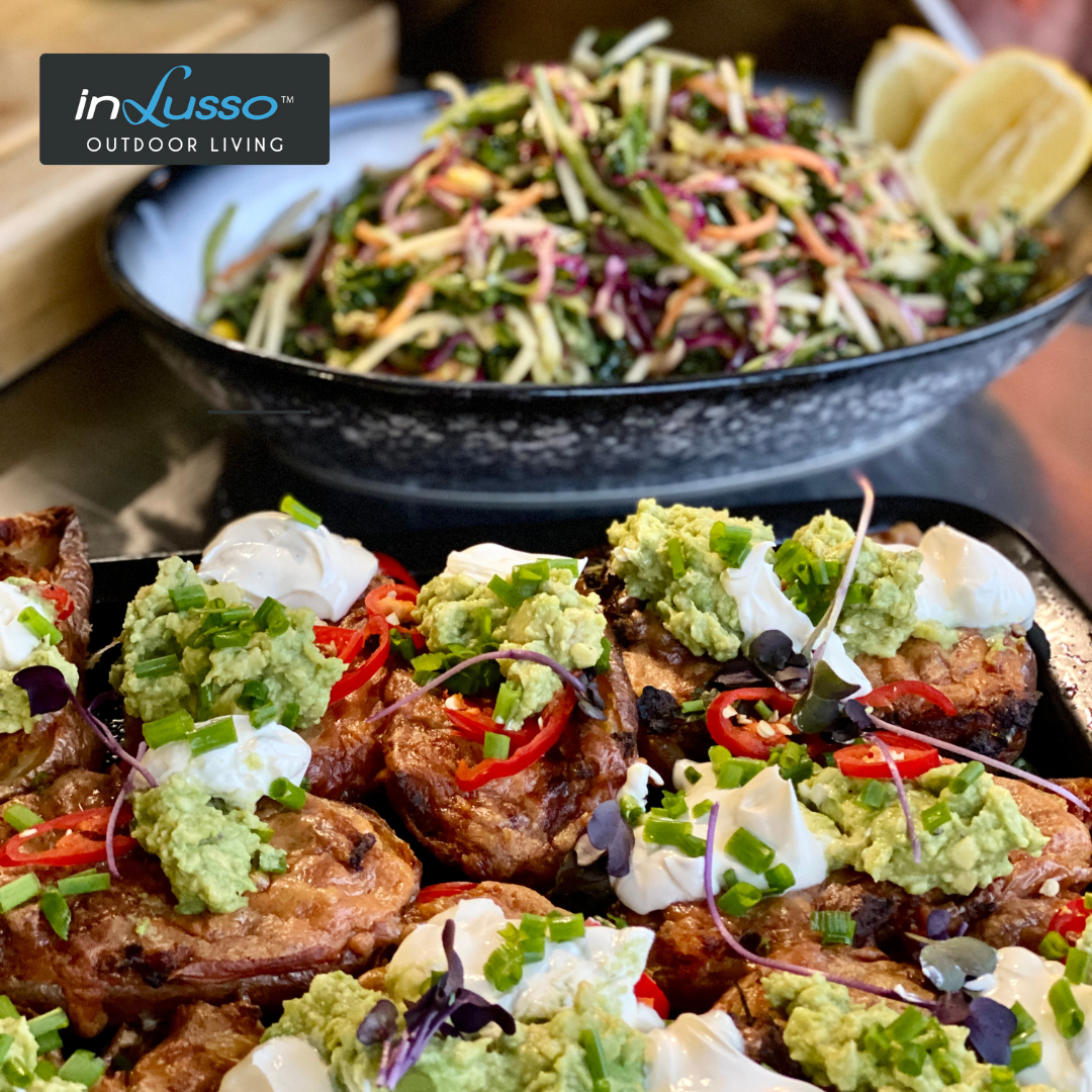 And outdoor bbq kitchen with loaded bbq potato skins and rainbow coleslaw