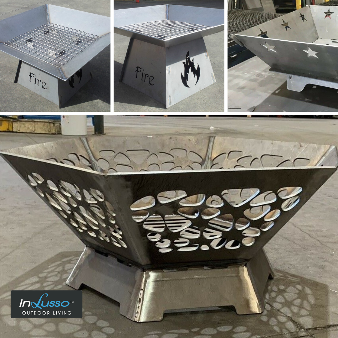 A range of metal fire pits to build a camp fire in.