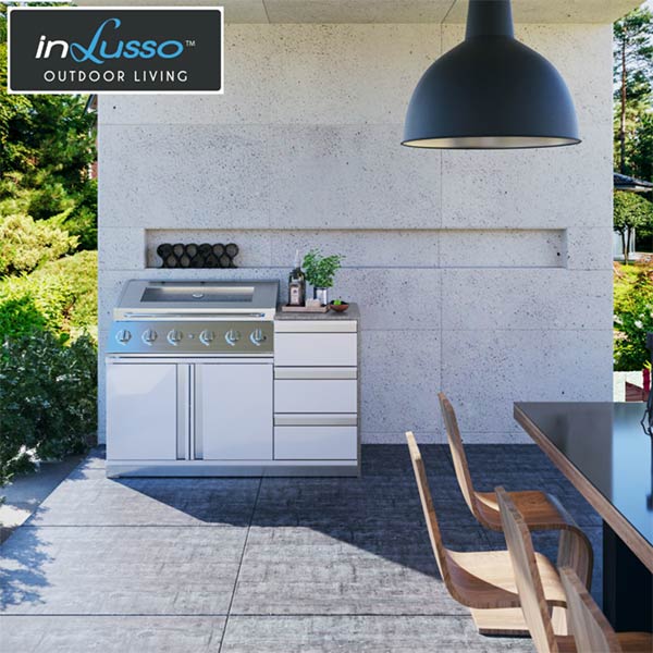 A compact outdoor kitchen in a Tasmanian outdoor entertaining area with gas BBQ, draws and cabinets