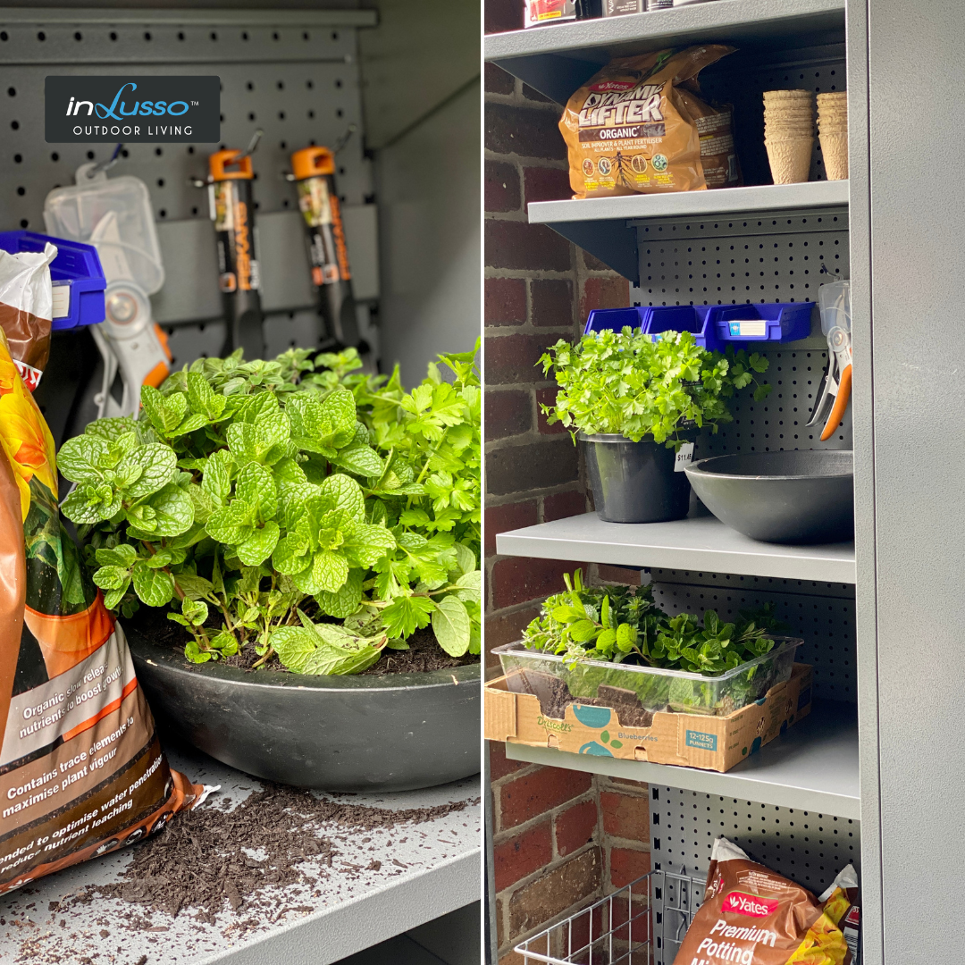A GarageKing garage storage system with gardening products and potting shelf
