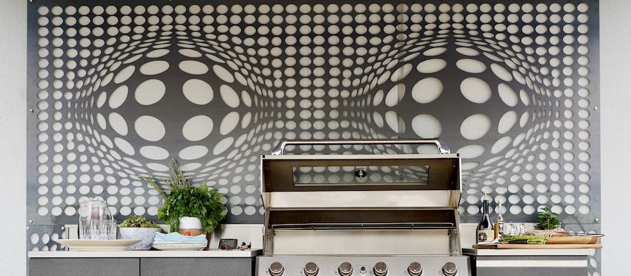 Decorative metal screen above an outdoor bbq kitchen in sydney