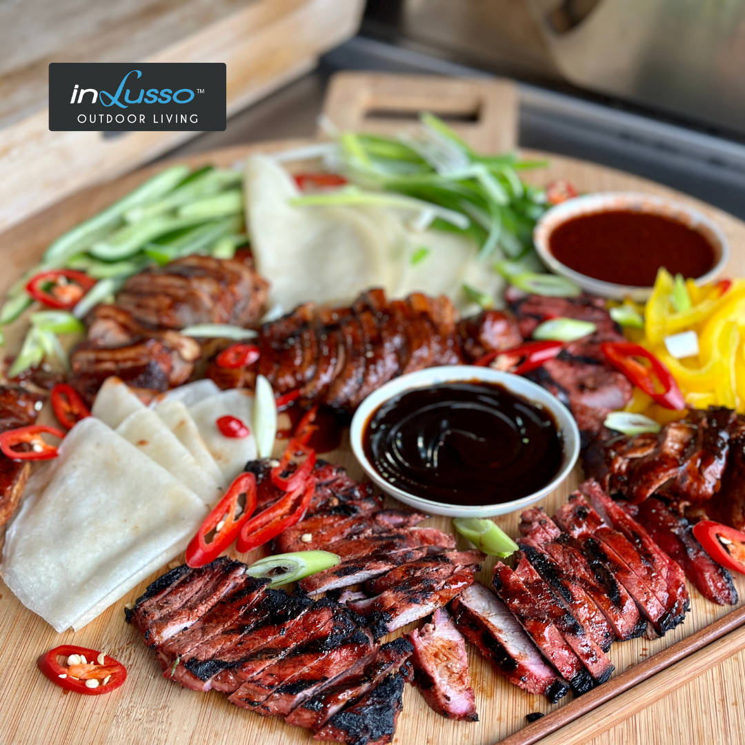 Chinese style duck pancakes in an outdoor kitchen 