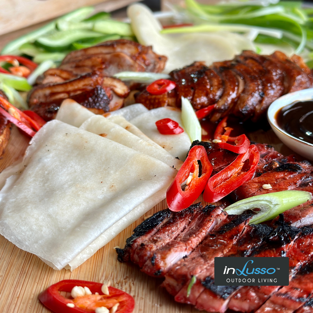 Peking duck style pancake platter in an outdoor bbq kitchen