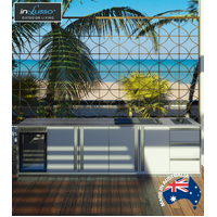 Outdoor Kitchen 3000mm InLusso Linea Built In BBQ Milton Grey Stone Bench Top White Ripple Cabinets